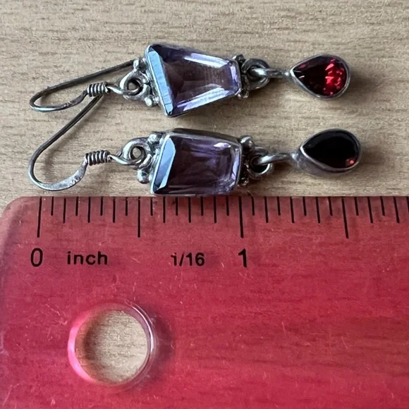 VINTAGE AMETHYST GARNET DROP DANGLE LONG EARRING925 STERLING SILVER UNIQUE CUT
